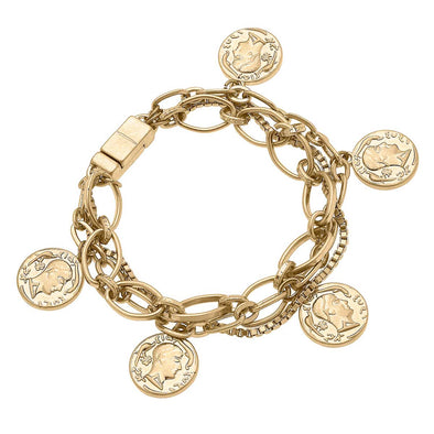 Flat view of the Cecily Coin Charm Mixed Media Chain Bracelet - Worn Gold