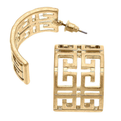 Flat view of the Brennan Greek Keys Hoop Earrings - Worn Gold