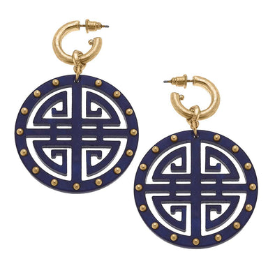 Flat view of the Jenson Greek Keys Resin Earrings - Navy