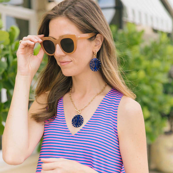 Model in the Jenson Greek Keys Resin Earrings - Navy
