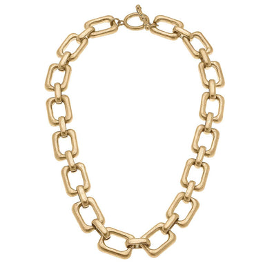Flat view of the Conrad Rectangle Chain Link T-Bar Necklace - Worn Gold