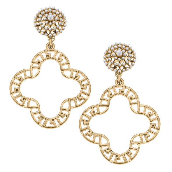Flat view of the Emilia Greek Kets Clover & Pearl Earrings - Worn Gold