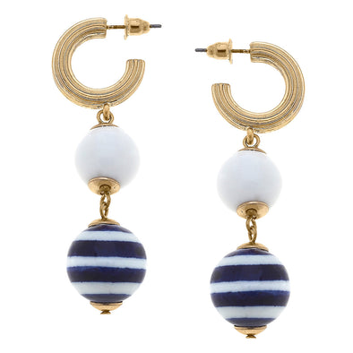 Flat view of the Billie Nautical Ceramic Drop Hoop Earrings - Navy & White