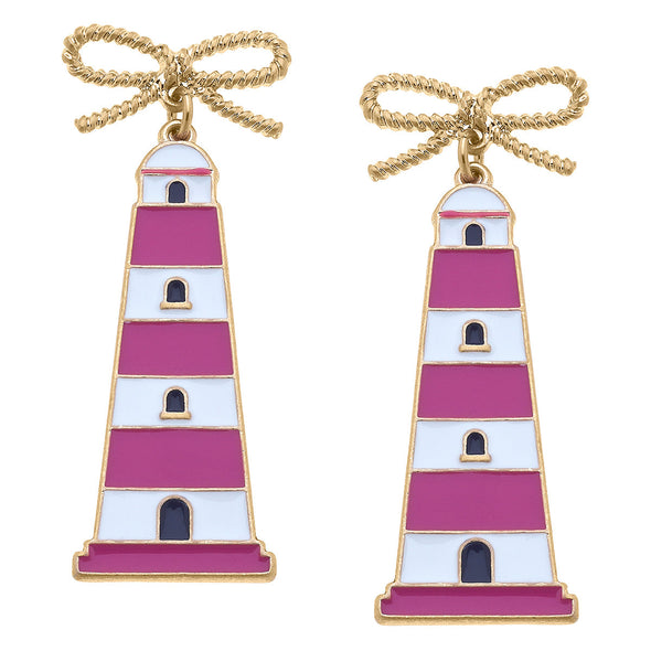 Flat view of the Luna Enamel Lighthouse Earrings - Pink & Navy