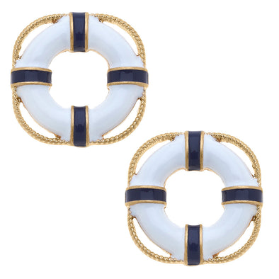Flat view of the Aster Enamel Life Preserver Stud Earrings