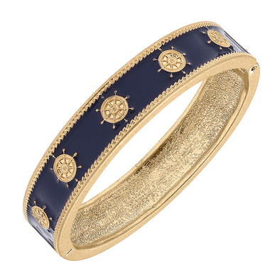 Flat view of the Delia Enamel Nautical Ship's Wheel Hinge Bangle - Navy
