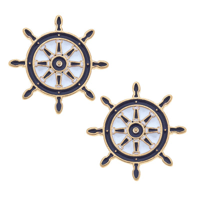 Flat view of the Bridget Enamel Nautical Ship's Wheel Stud Earrings - Navy & White