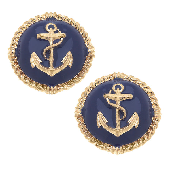 Flat view of the Kathleen Enamel Anchor Statement Stud Earrings - Navy