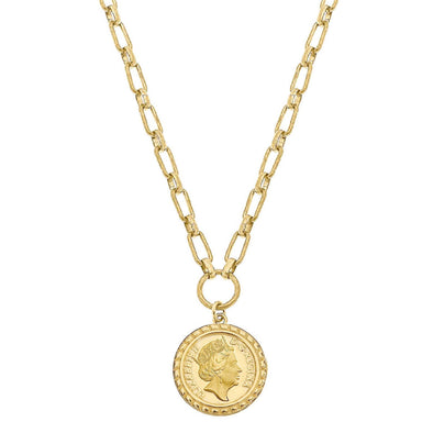 Flat view of the Queen Elizabeth Coin Necklace in Worn Gold