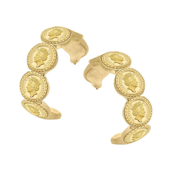 Flat view of the Queen Elizabeth Coin Hoop Earrings - Worn Gold