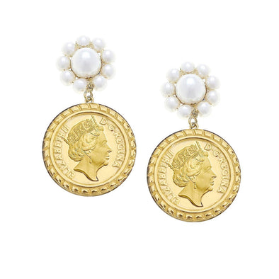 Flat view of the Queen Elizabeth Coin Pearl Drop Earrings - Worn Gold