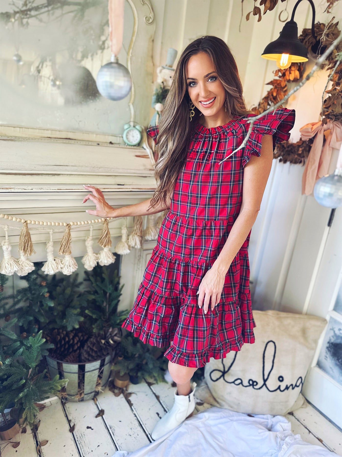 Red Plaid Ruffle Neck Dress Red Plaid MULTI / S / H2212 Red Plaid Ruffle Neck Dress Red Plaid MULTI / S / H2212