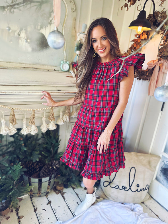 Model in the Sail To Sable Tartans Dress - Red Plaid