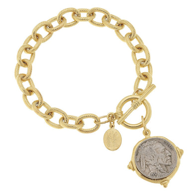 Flat view of the Susan Shaw Handcast Buffalo Nickel Bracelet