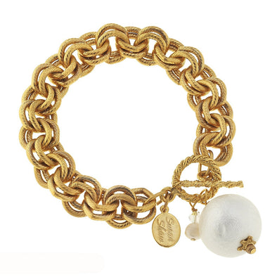Flat view of the Susan Shaw Handcast Gold with Cotton Pearl Bracelet