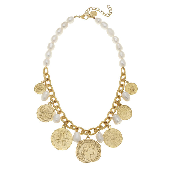 Flat view of the Susan Shaw Multi Coin & Freshwater Pearl Charm Necklace
