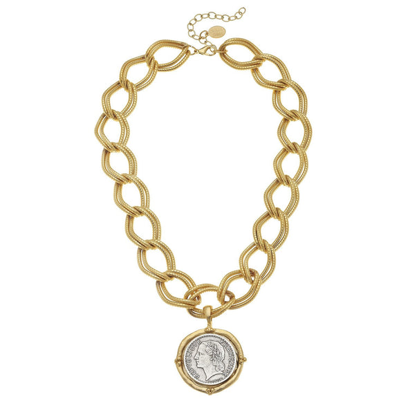 Flat view of the Susan Shaw Handcast Mixed Metal Franc Chain Necklace