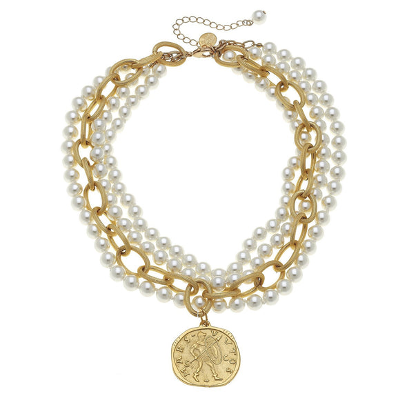 Flat view of the Susan Shaw Multi-Strand Gold Coin and Pearl Necklace