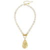 Flat view of the Susan Shaw Pearl Oyster Necklace with Gold Oyster and Freshwater Pearl