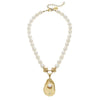 Flat view of the Susan Shaw Pearl Oyster Necklace with Gold Oyster and Freshwater Pearl