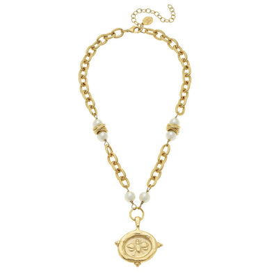 Flat view of the Susan Shaw Handcast Pearl Accent Bee Intaglio Necklace