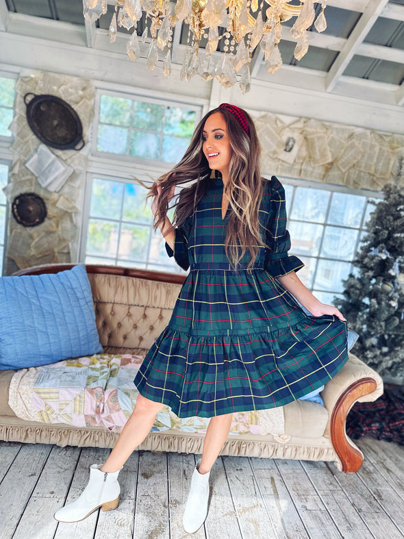 Full body view of the Gretchen Scott Teardrop Dress Plaidly Cooper Green Plaid