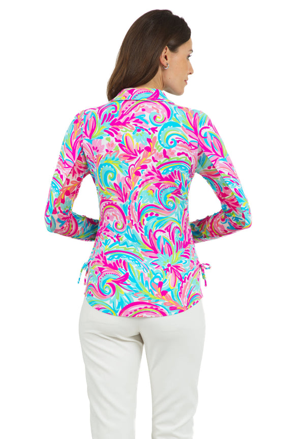 Back view of the IBKUL Aubrey Print Adjustable Long Sleeve Zip Polo - Candy Pink