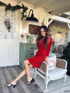 Sitting model in the Gretchen Scott Ruff Neck Dress - Silky Velvet - Red