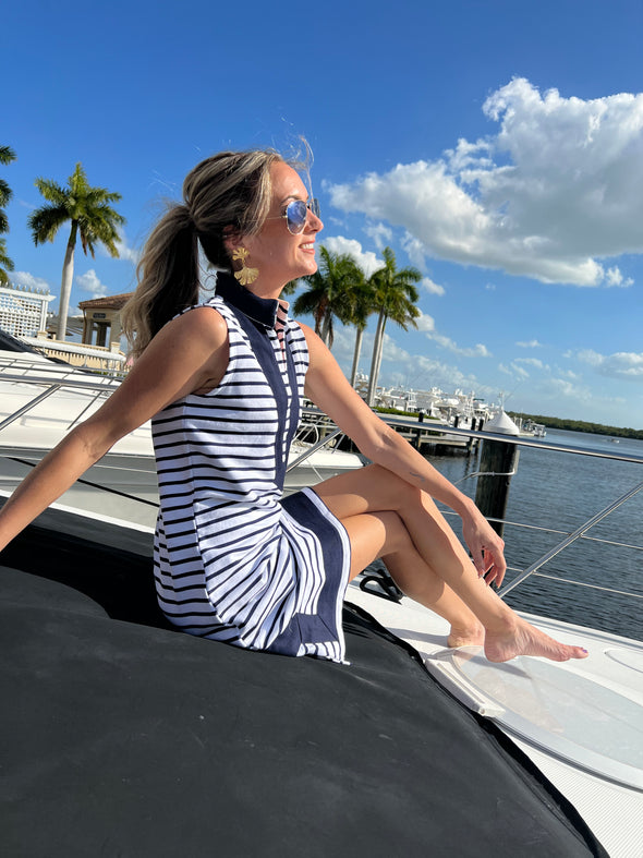 Sitting view of Sail to Sable Nauti Dress - Navy/White