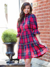 Outdoor model in the Gretchen Scott Teardrop Dress - Plaidly Cooper - Red Plaid