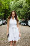 Outdoor model in Duffield Lane x Lucky Knot Exclusive Ann Dress - White Seersucker