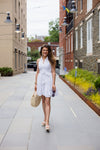 Full body view of Duffield Lane x Lucky Knot Exclusive Ann Dress - White Seersucker