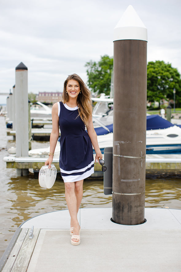 Full body view of the Duffield Lane Carroll Dress - Navy/White