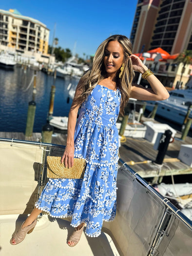 Front view of Sail to Sable Smocked Sleeve Linen Midi Dress - Hydrangea/White Vine