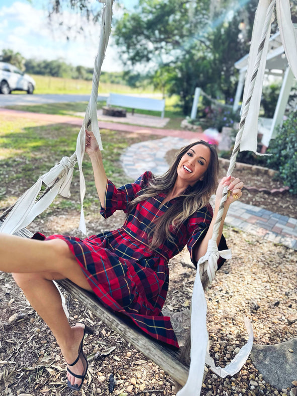 Outdoor model in the Gretchen Scott Teardrop Dress - Plaidly Cooper - Red Plaid