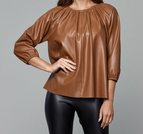 Dolce Cabo Faux Leather Puff Sleeve Top - Camel