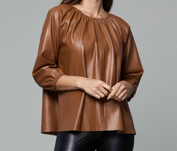 Dolce Cabo Faux Leather Puff Sleeve Top - Camel