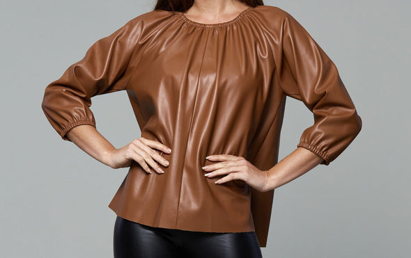 Dolce Cabo Faux Leather Puff Sleeve Top - Camel