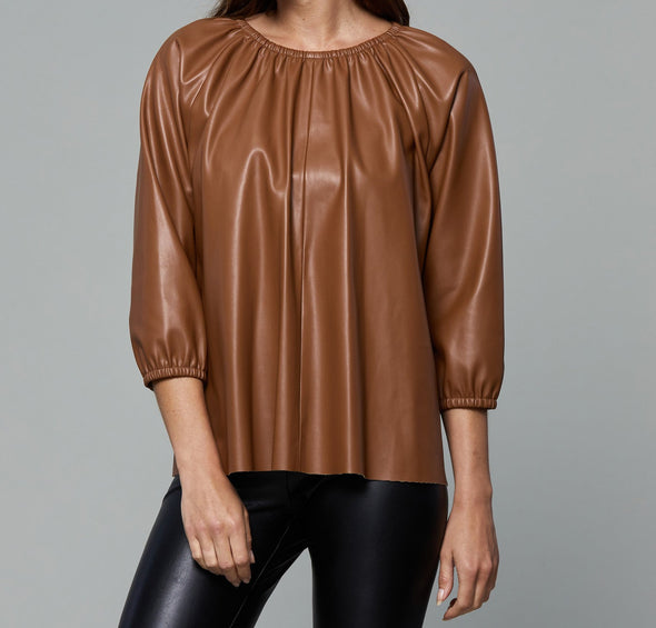 Dolce Cabo Faux Leather Puff Sleeve Top - Camel