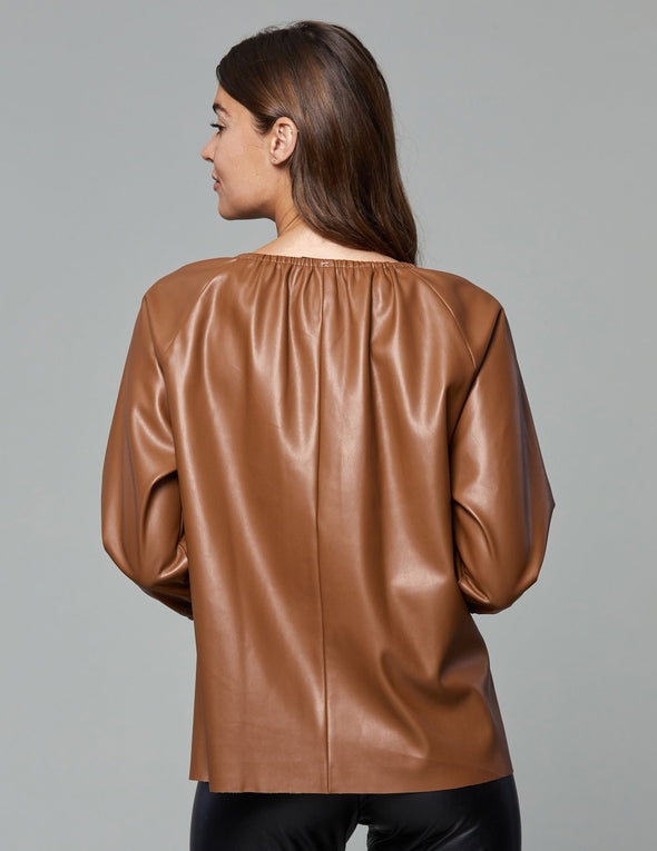 Dolce Cabo Faux Leather Puff Sleeve Top - Camel