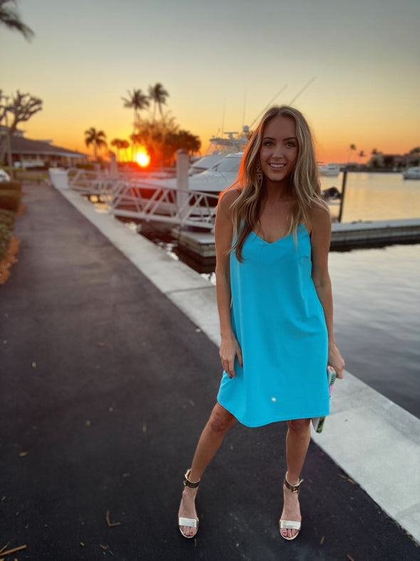 Model wearing Jude Connally Bailey Dress in Santorini Blue