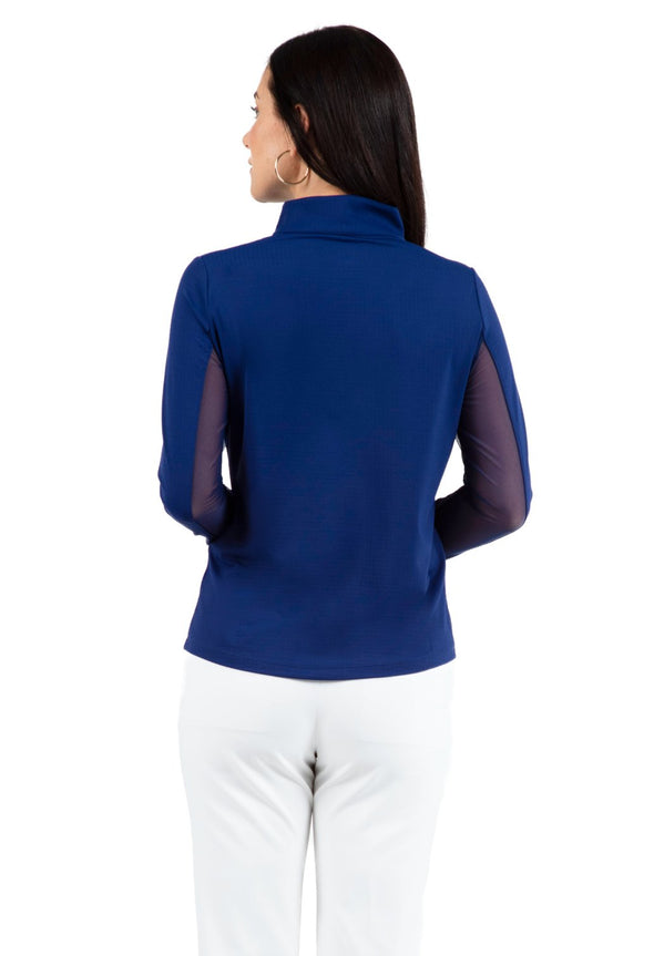 Back view of the IBKUL Long Sleeve Mock Neck Top - Navy