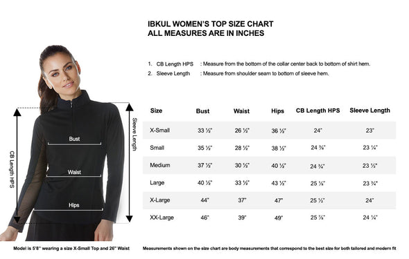 Size chart for the IBKUL Long Sleeve Mock Neck Top - Mini Check Seafoam/White