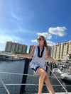 Sitting view of Sail to Sable Nauti Dress - Navy/White