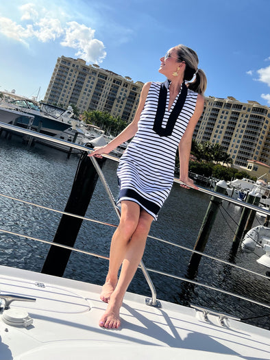 Full body view of Sail to Sable Nauti Dress - Navy/White