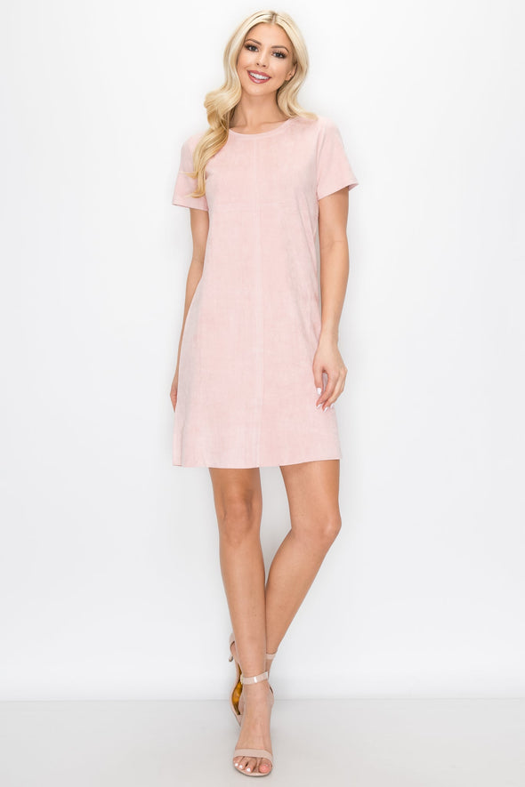 Full body front view of the Phoenix Suede Tee Dress - Dusty Rose