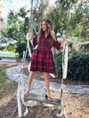 Full body view of the Gretchen Scott Teardrop Dress - Plaidly Cooper - Red Plaid
