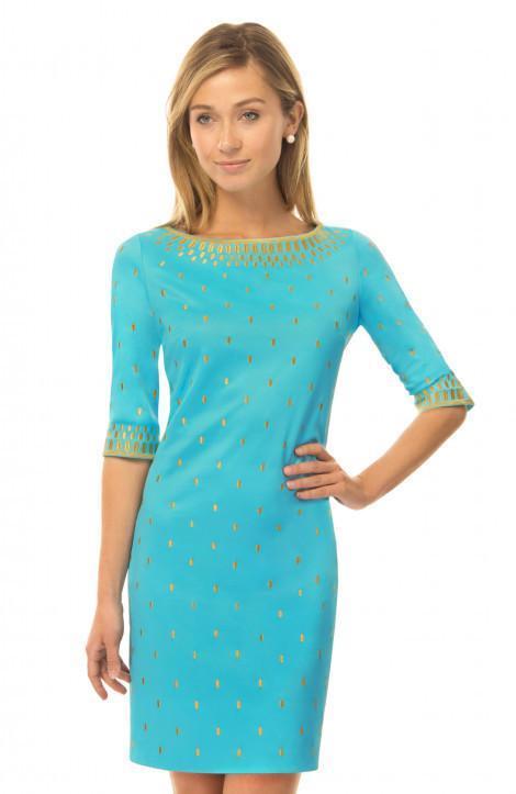 Front view of Gretchen Scott Rocket Girl Dress in Turquoise/Gold