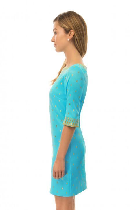 Side view of Gretchen Scott Rocket Girl Dress in Turquoise/Gold