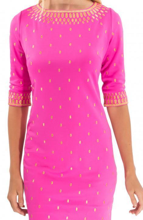Close up front view of Gretchen Scott Rocket Girl Dress in Pink/Gold